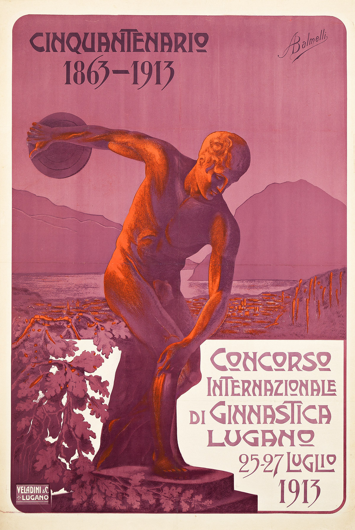 ATTILIO BALMELLI (1887-1971). CONCORSO INTERNAZIONALE DI GINNASTICA LUGANO. 1913. 50¾x34¼ inches, 129x87 cm. Veladini & C., Lugano.
